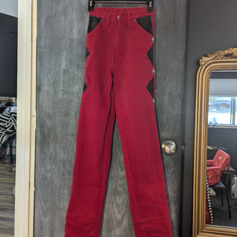Red High-Waisted Pants with Black Accents